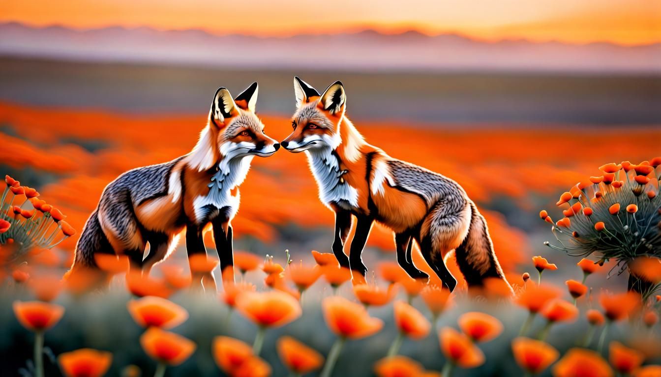Foxes Play in Poppy Field: Long Exposure Photo