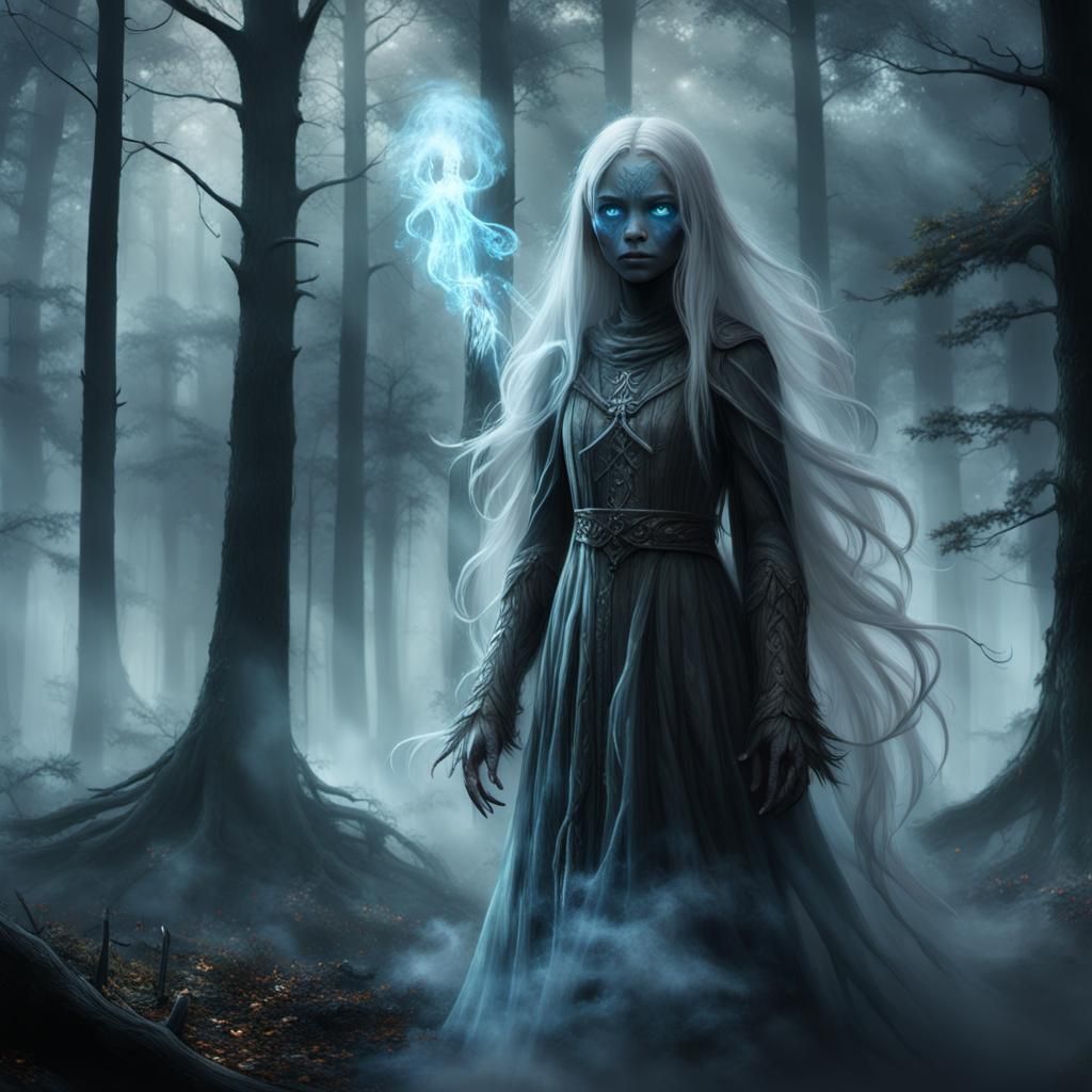 Ethereal Ghost Girl in Dark Forest: Fantasy Art