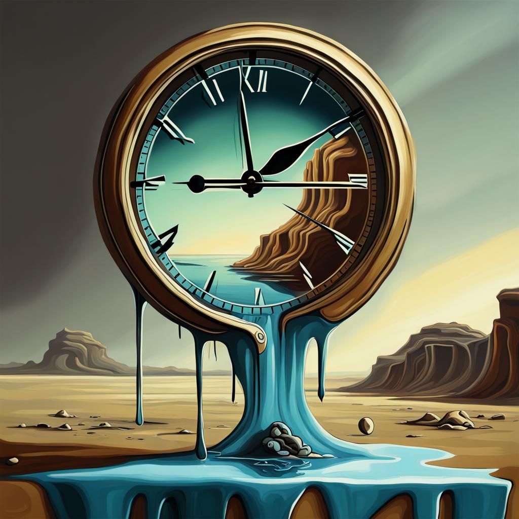 Futuristic Melting Clocks in Surreal Landscape