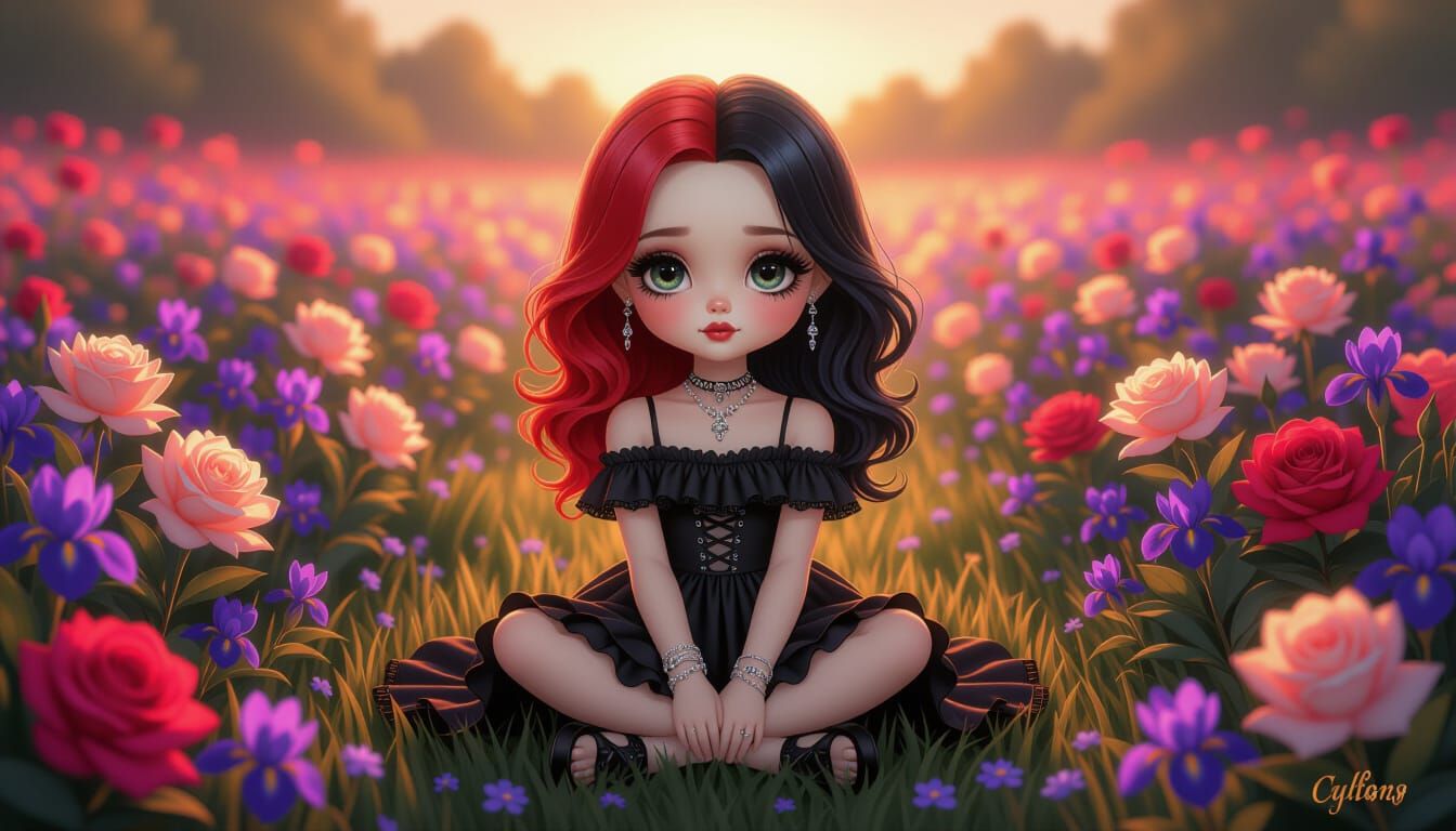 Gothling in Flower Field: Digital Illustration