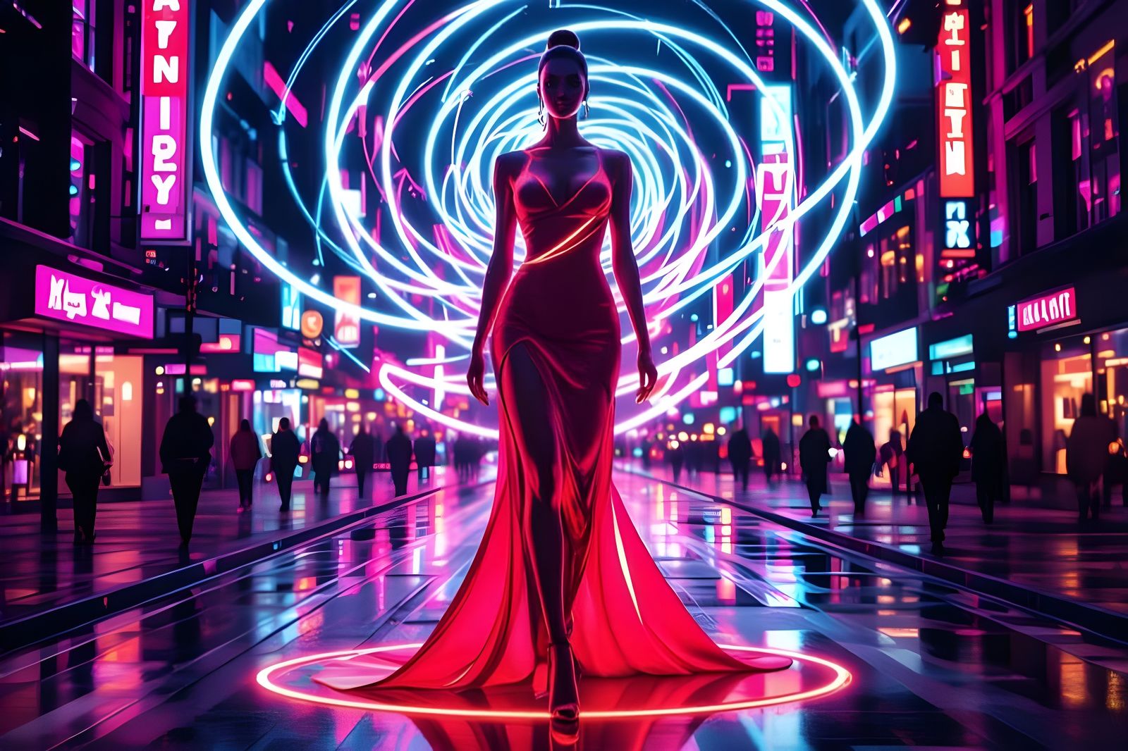 Stoic Woman in Pulsating Neon Cityscape