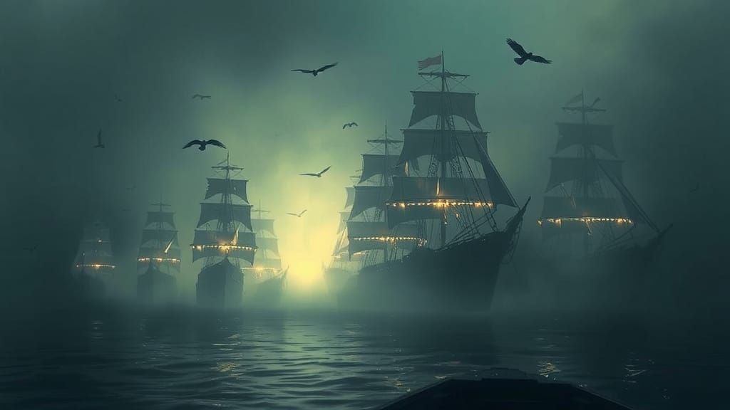 Spectral Ships Emerge from Fog at Dawn