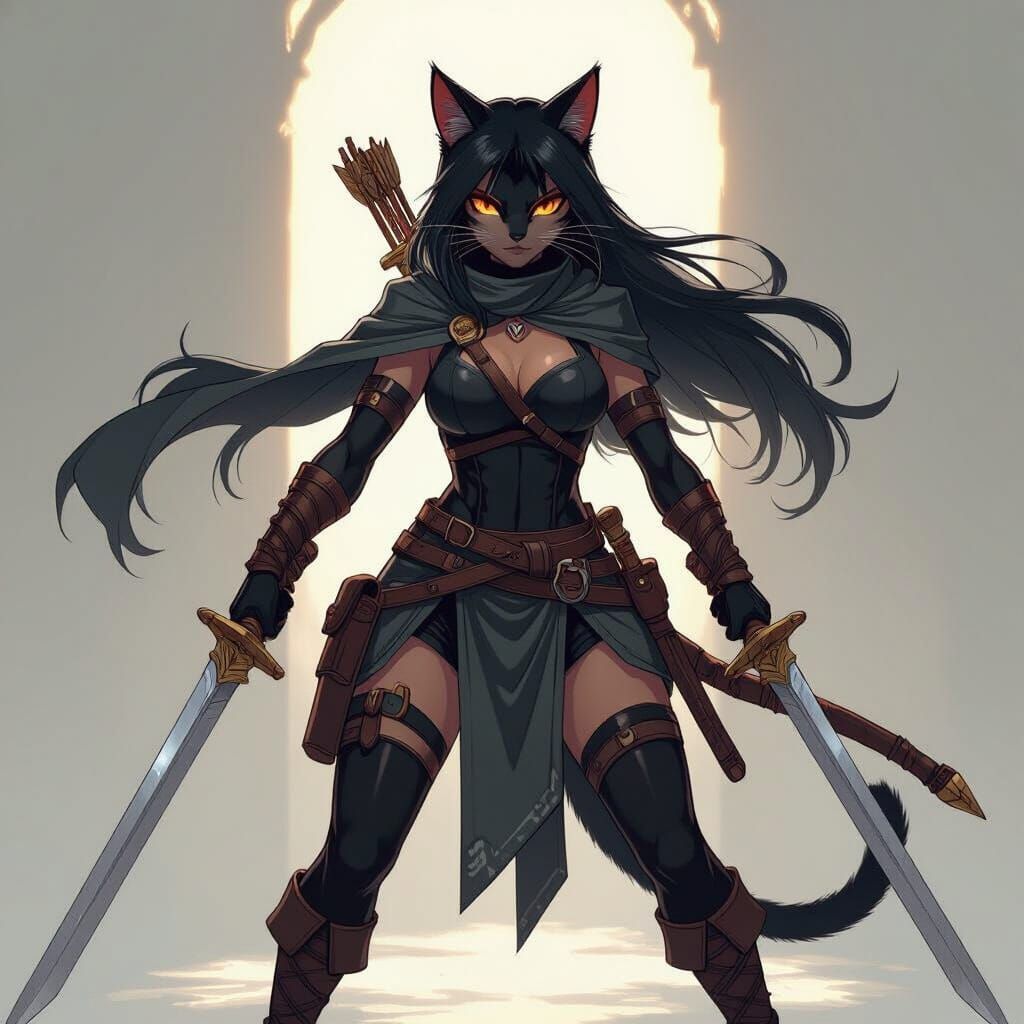 Anime Tabaxi Barbarian Woman Warrior with Swords