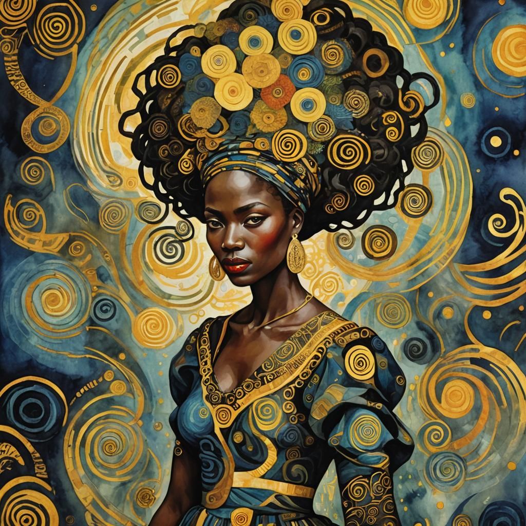 Radiant African Queen Portrait in Naive Art Style