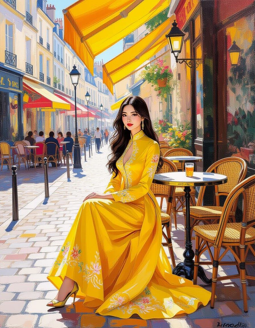 Vietnamese Woman in Áo Dài at Parisian Cafe