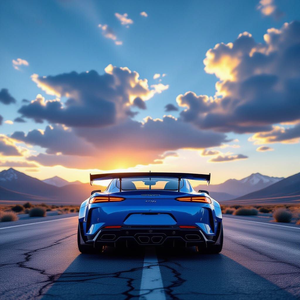 Blue Sports Car on Cracked Road with Mountain Sunrise