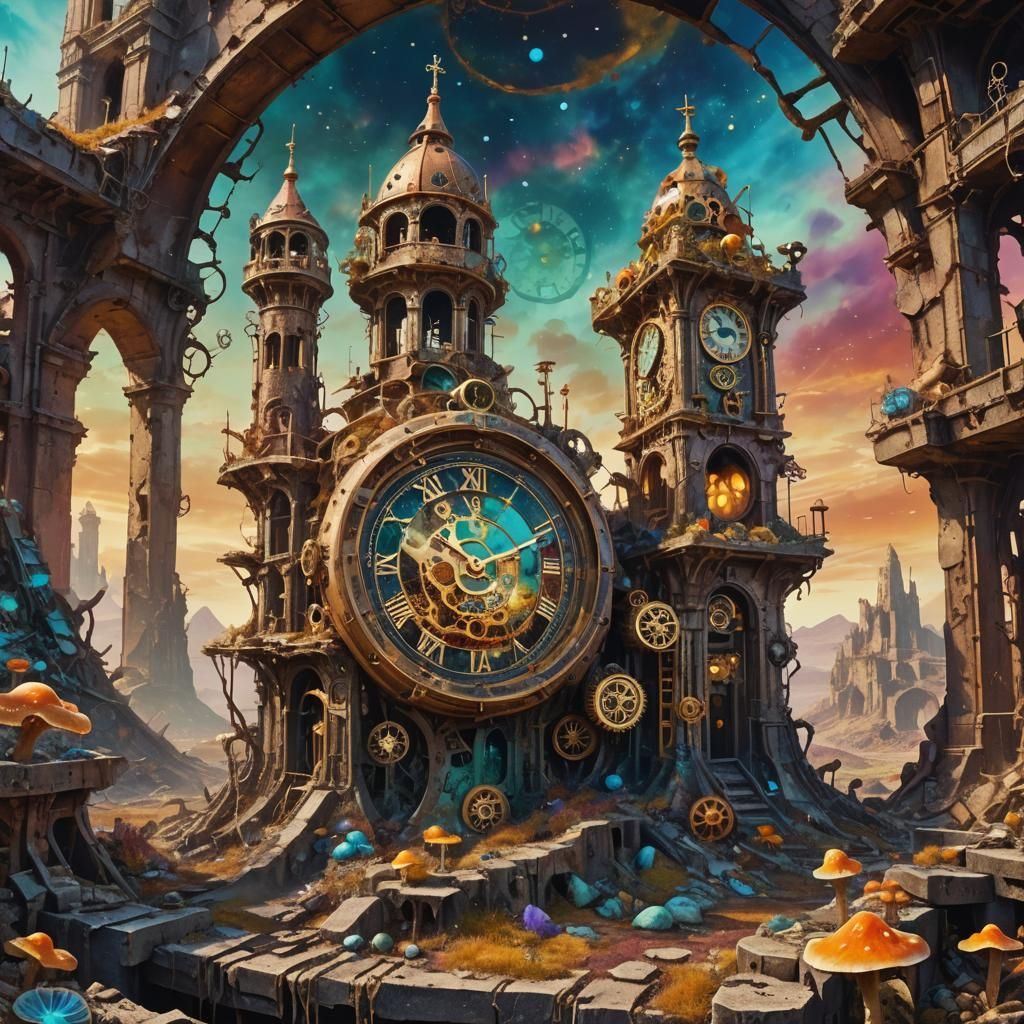 Surreal Steampunk Clock Tower in Ruins