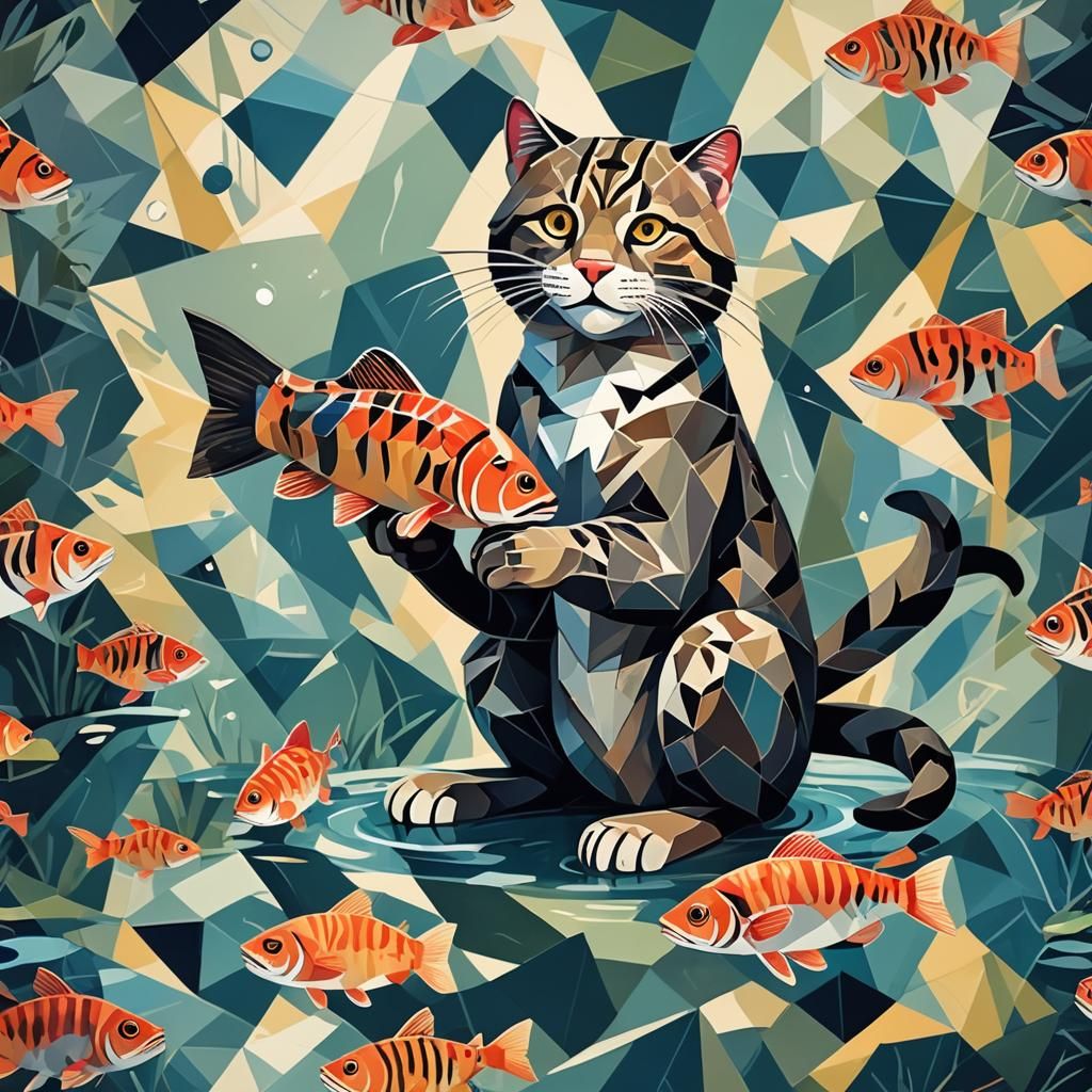 Fishing Cat with Fish in Cubist Art Deco Style