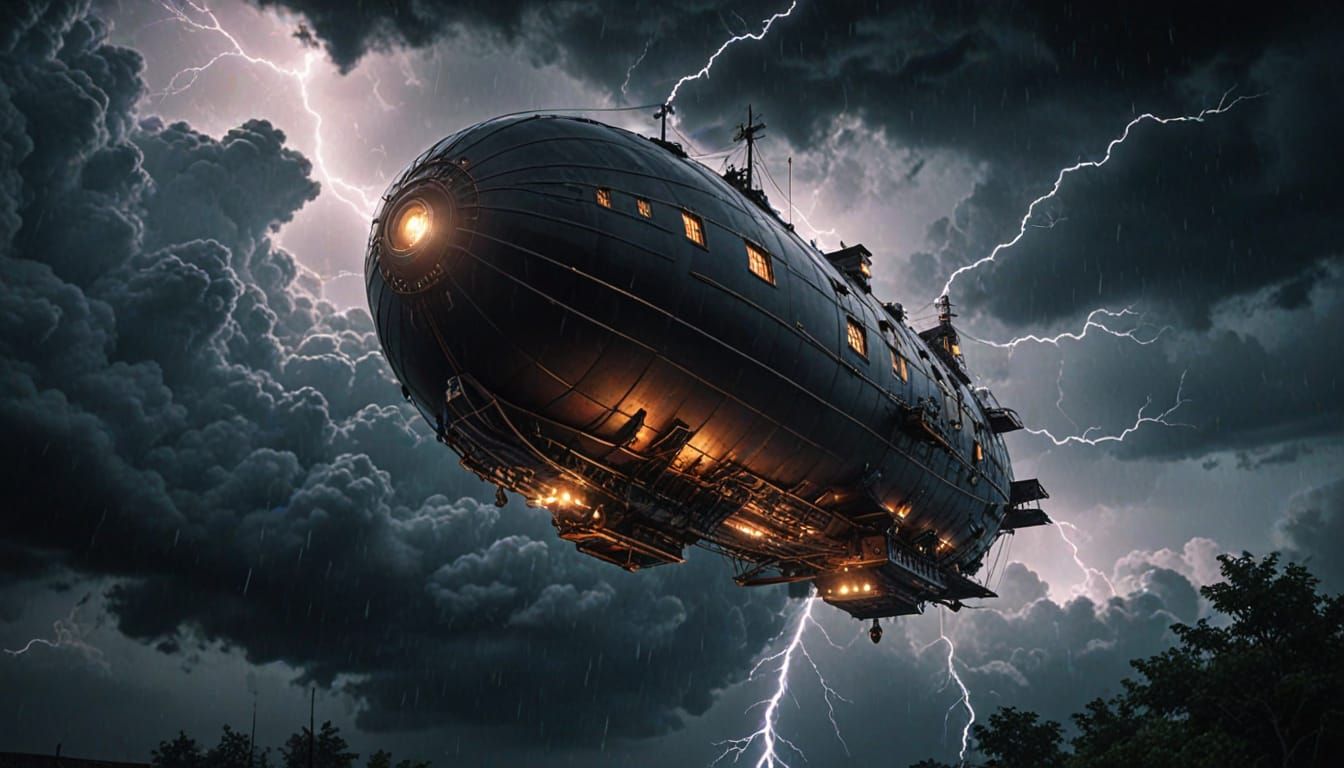 Mystical Aetherpunk Airship Soars Through Turbulent Stormy S...