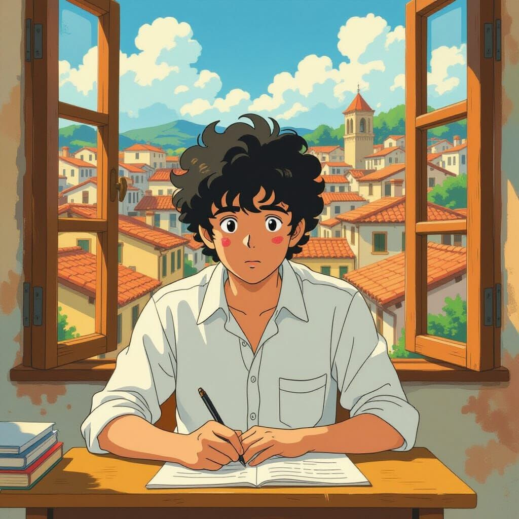 Italian Boy Sweating During University Exam, Ghibli-Style