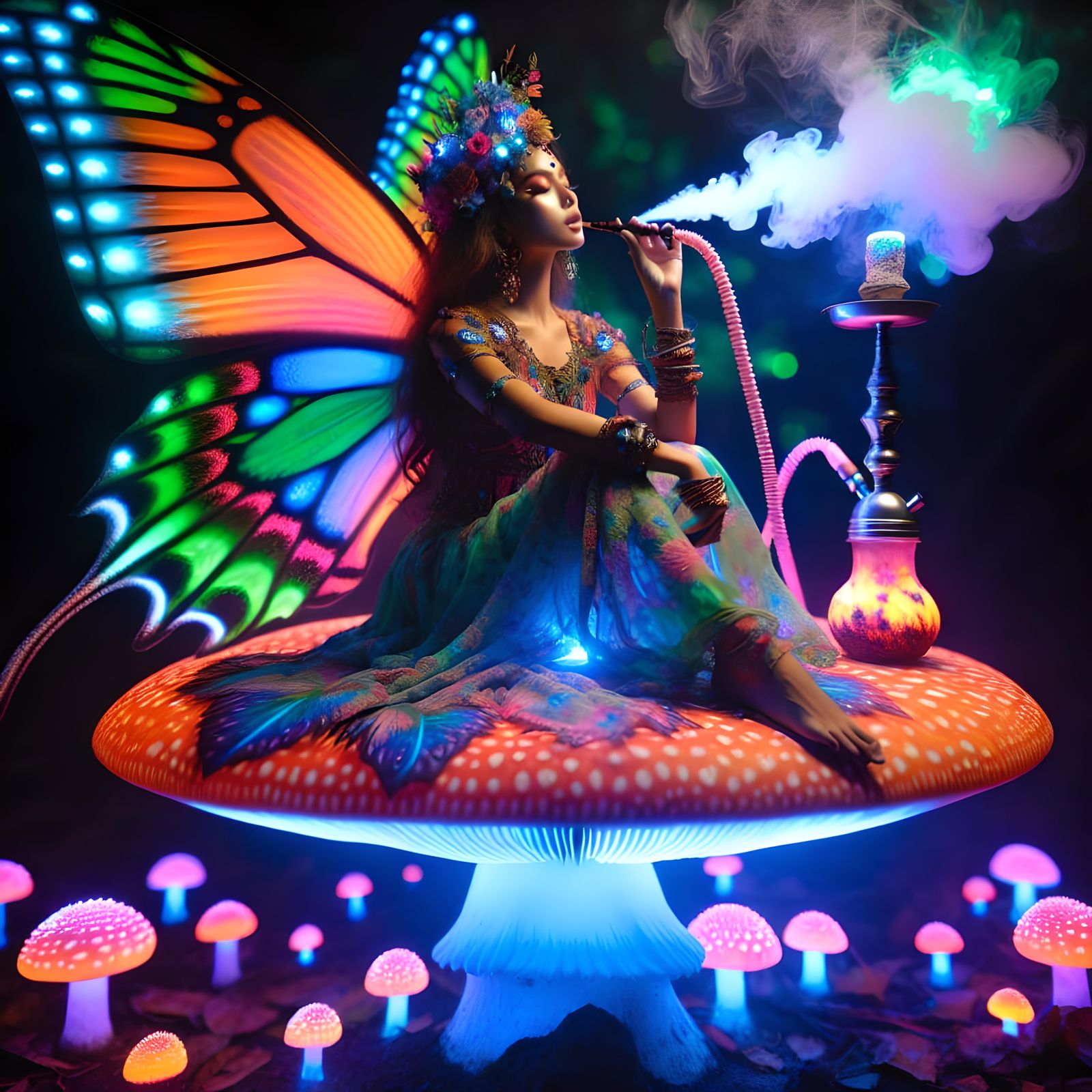 Psychedelic Fairy with Hookah on Bioluminescent Mushroom