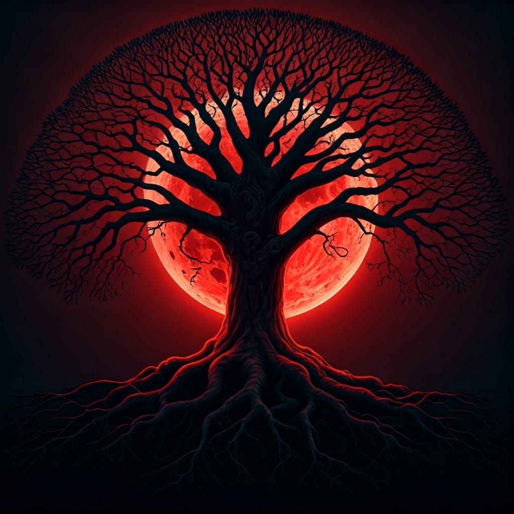 Yggdrasil Silhouette with Red Moon