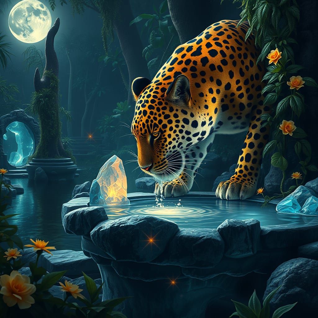 Leopard at Magical Fountain in Moonlit Jungle