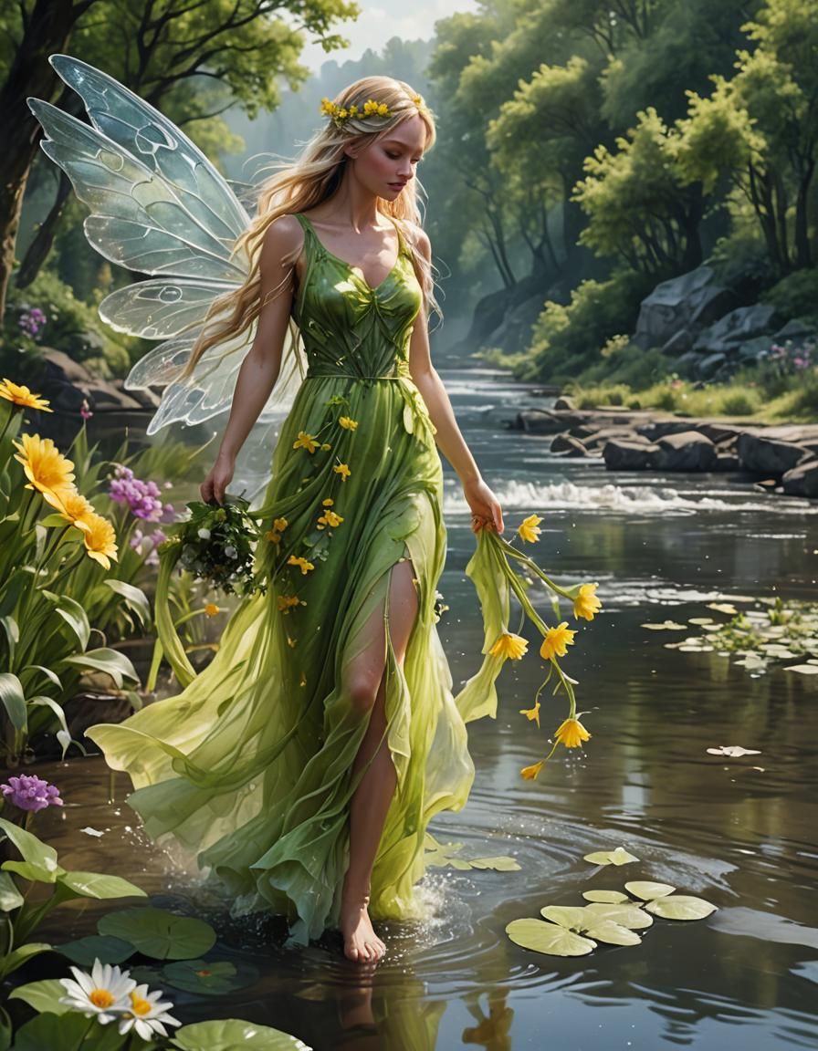 Fairy with Flower Bouquet in Wet Watercolor Style