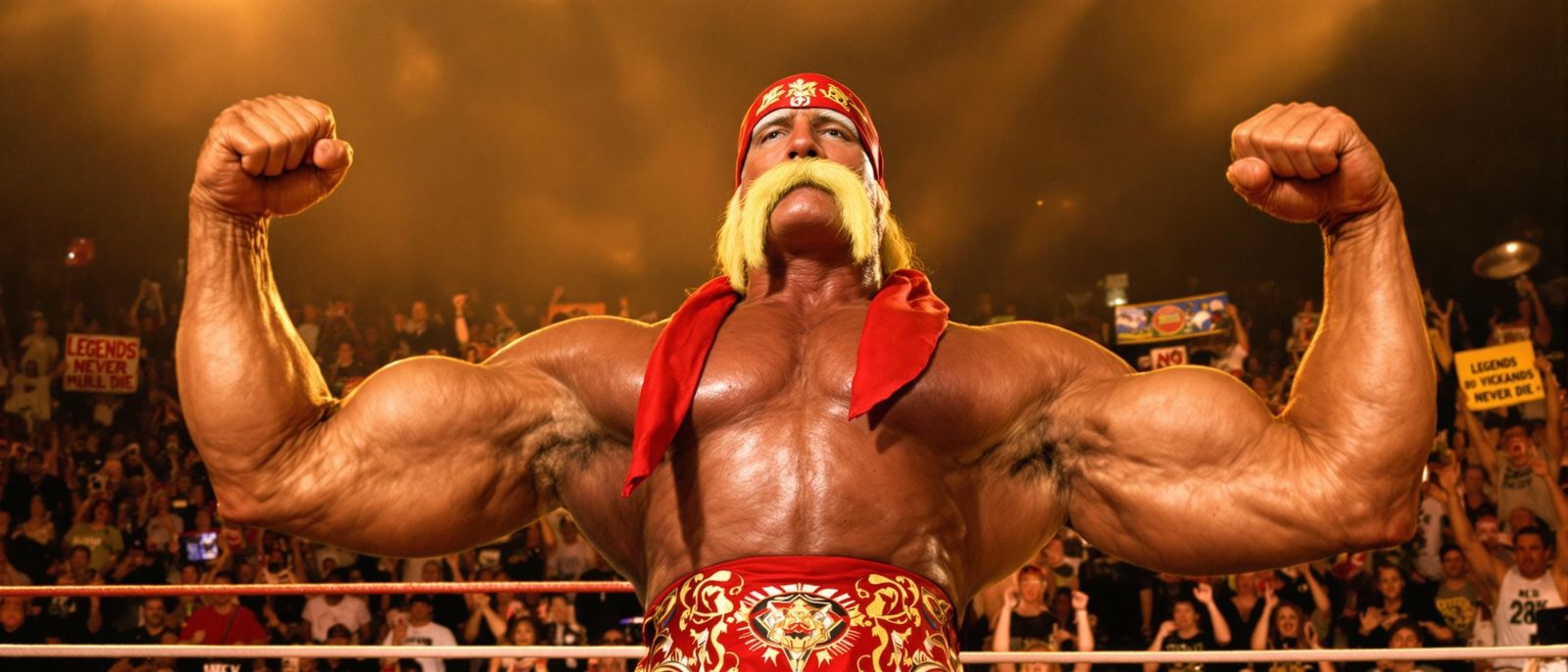 Hulk Hogan Flexes in Ring Surrounded by Fans
