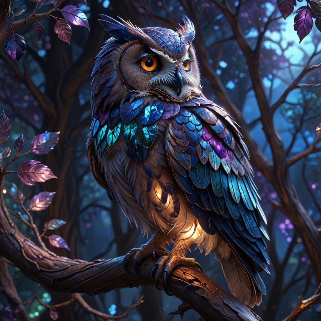 Ethereal Owl with Stained Glass Feathers in Lunar Light