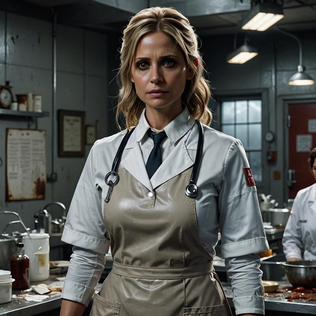 Stern Young Nurse in Rubberized Uniform: Digital Painting