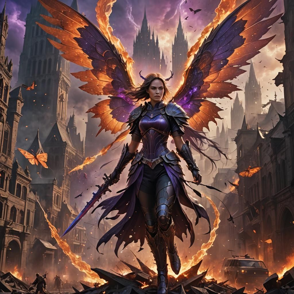 Angel Warrior in Gothic Cityscape, Dark Fantasy Art