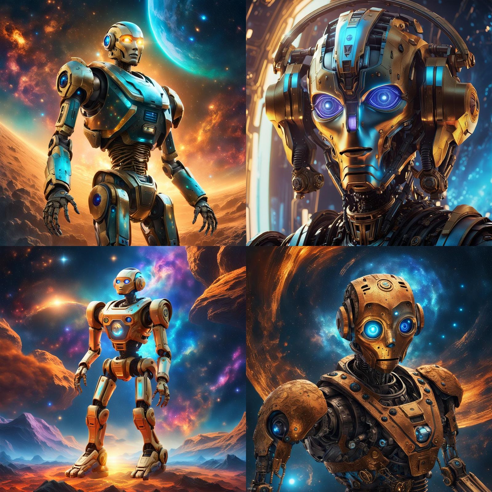 Aged Robot in Space with Nebula Background