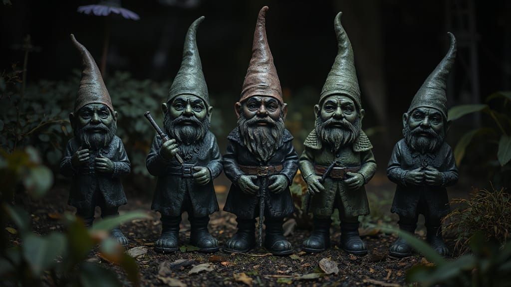 Surreal Dark Garden Gnomes in Dali Meets Tim Burton Style