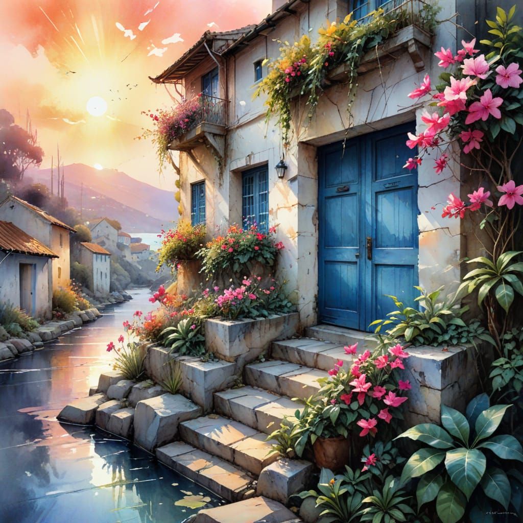 Mediterranean Village in Watercolour