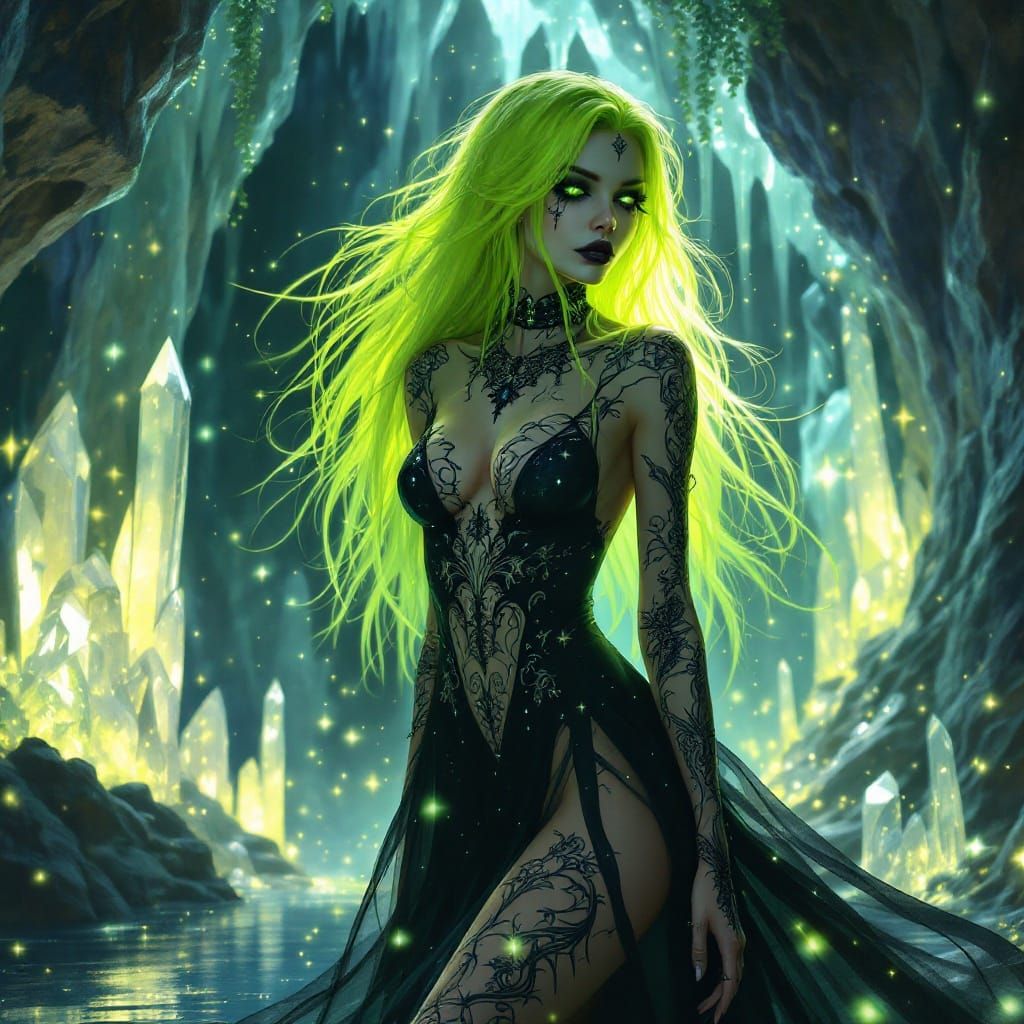 Gothic Fairy with Neon Hair in Crystal Cave