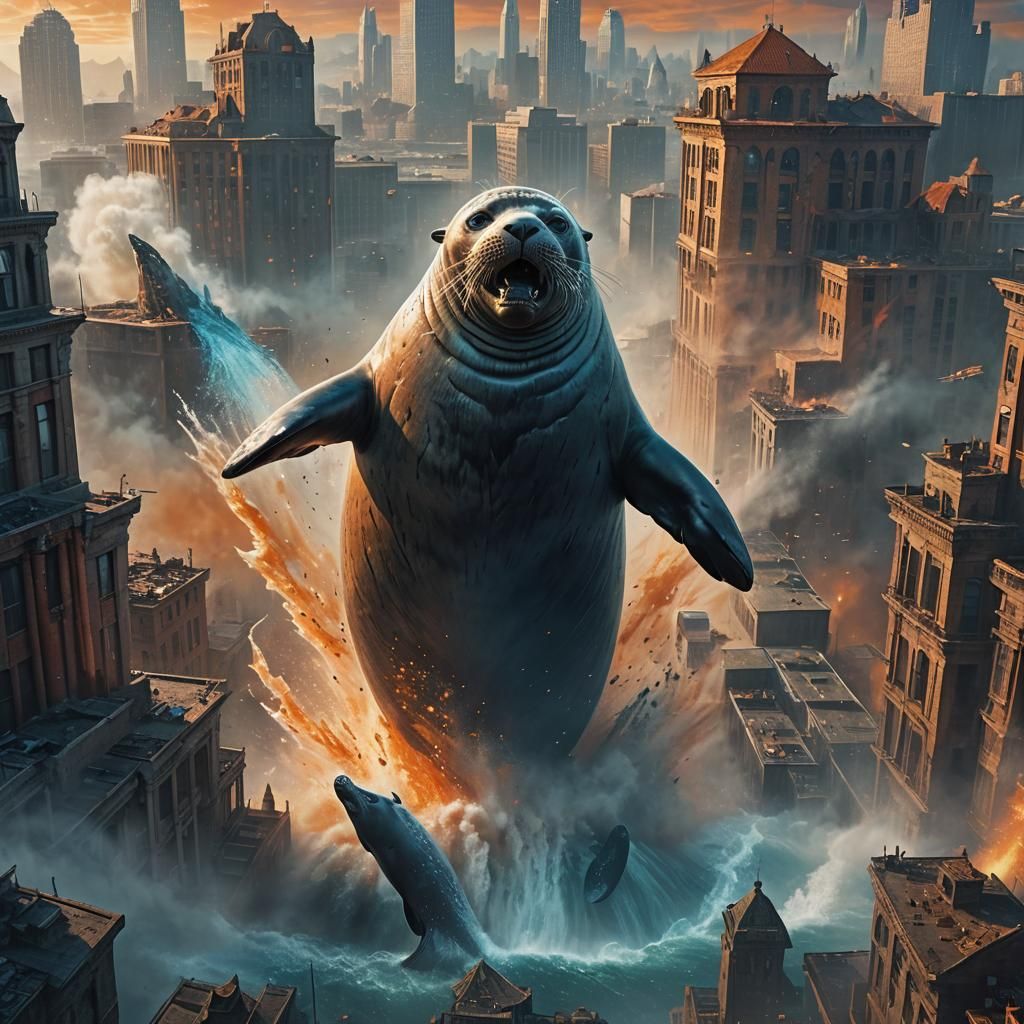 Giant Seal Destroys City: Cinematic Matte Painting
