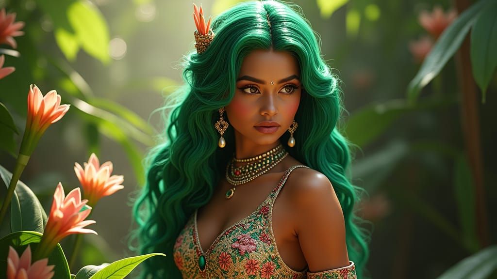 Elegant Jungle Goddess with Vibrant Green locks