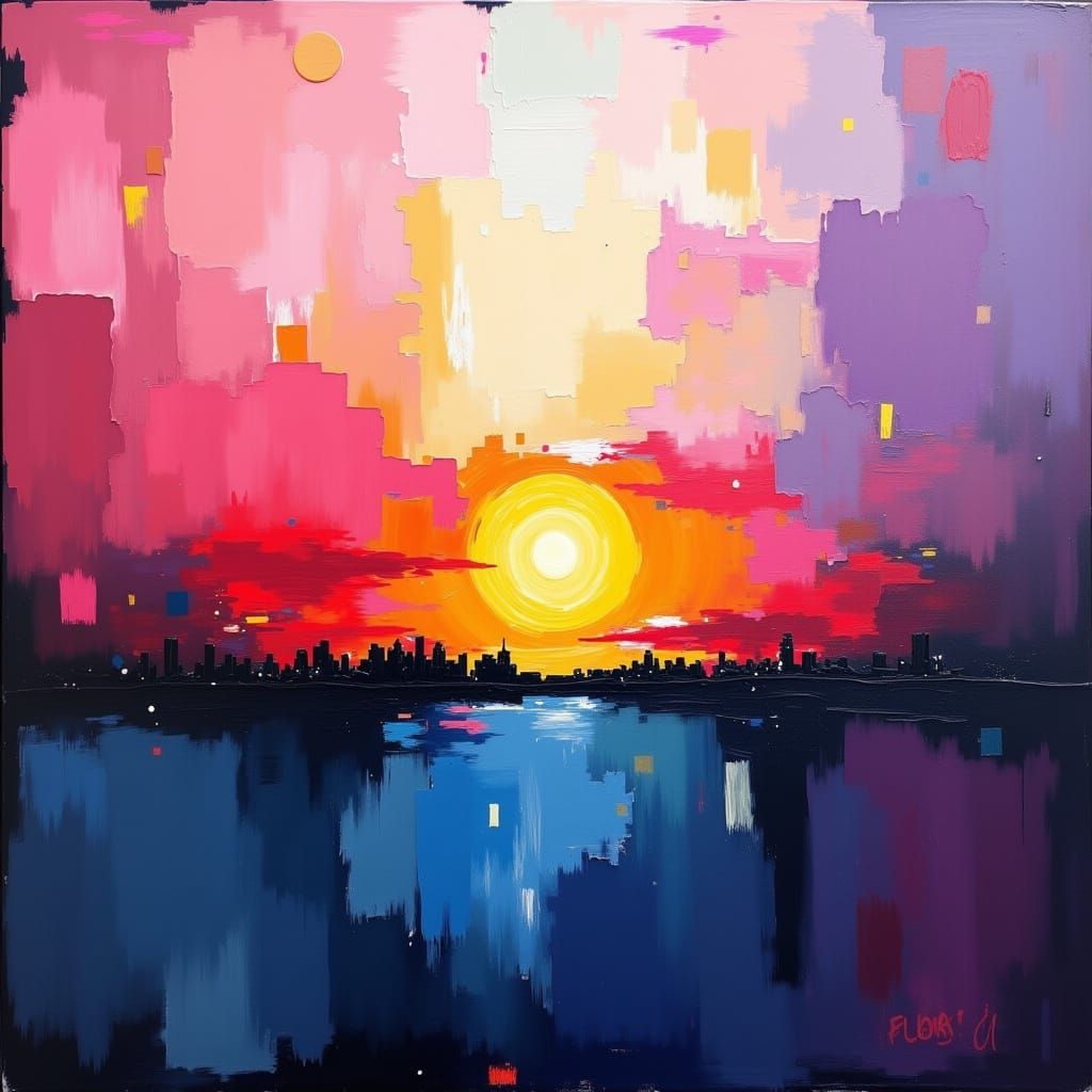 <lora:Modern Absrakt:1.0> Abstract sunlight skyline hues of red, pink's purples, blues,