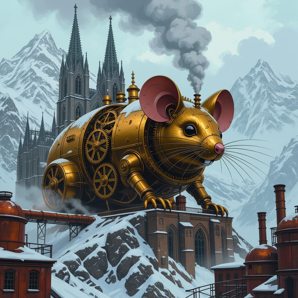 Colossal Clockwork Mouse Circles Gothic Cathedral in Steampu...