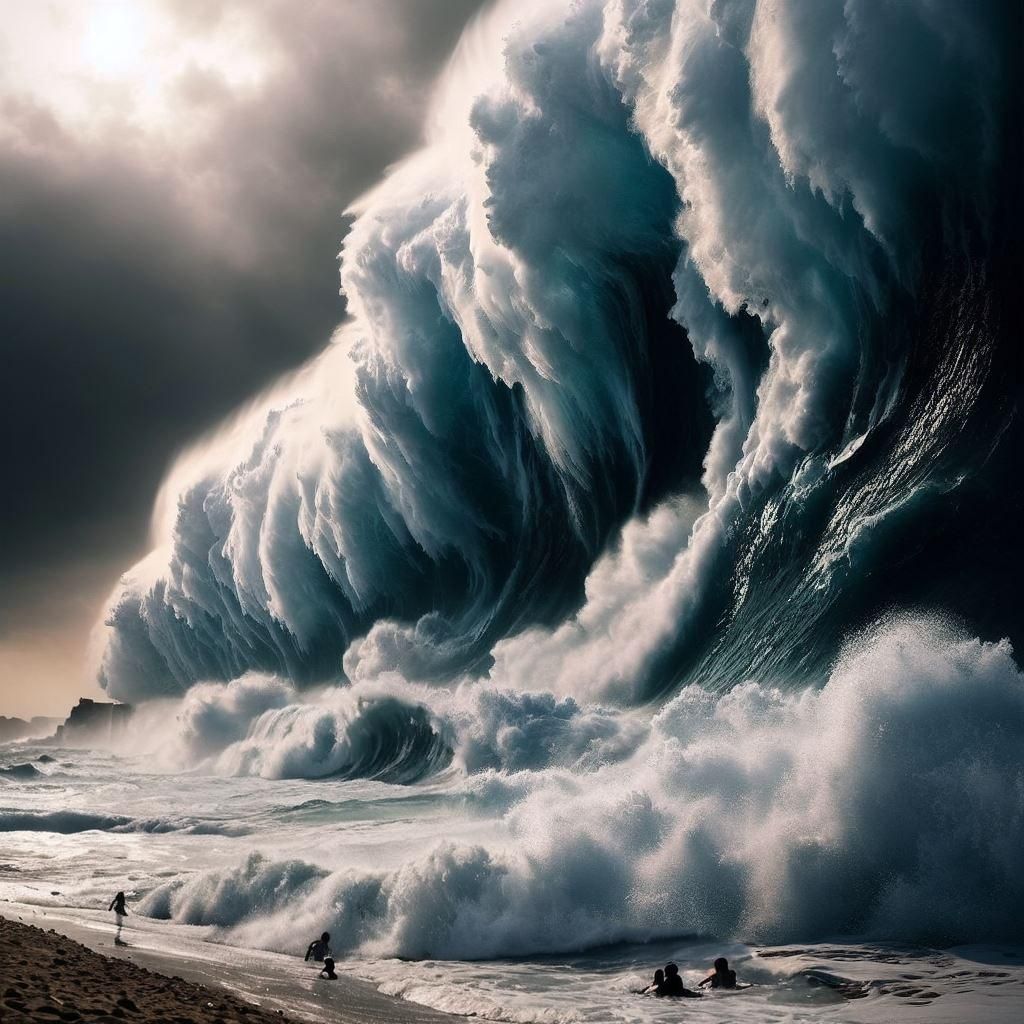 Crowded Beach with Swimmers and Foamy Waves