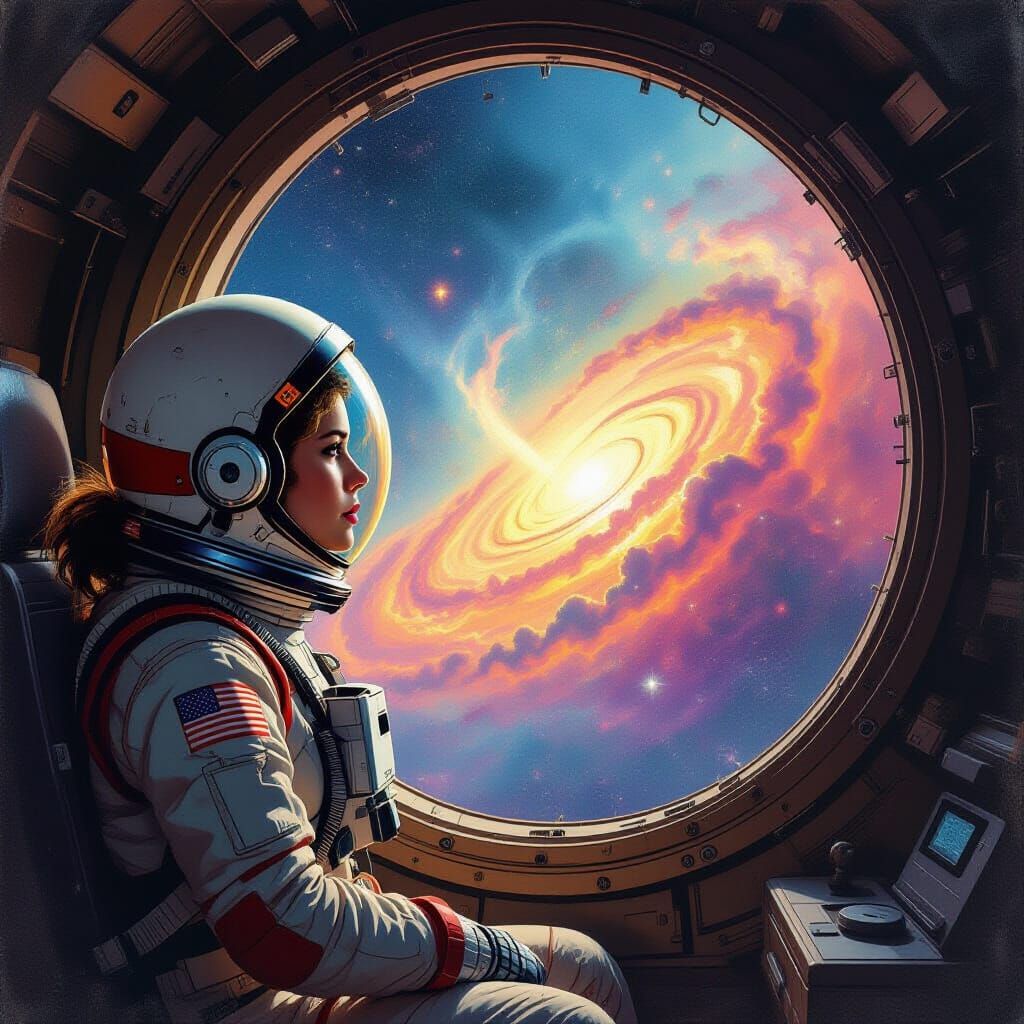 Astronaut Gazes at Retro Nebula in Vintage Spaceship