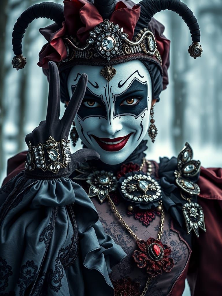 Harlequin Woman in Victorian Attire Making Silence Gesture