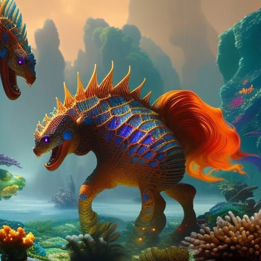 Ornate Seahorse in Coral Reef: Digital Art