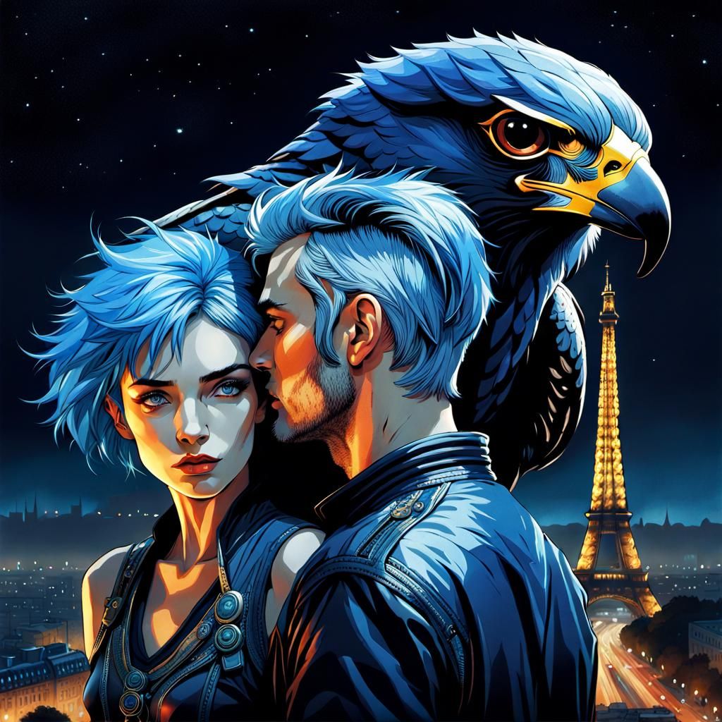 Falcon-Headed Man Embraces Woman in Paris, Digital Art