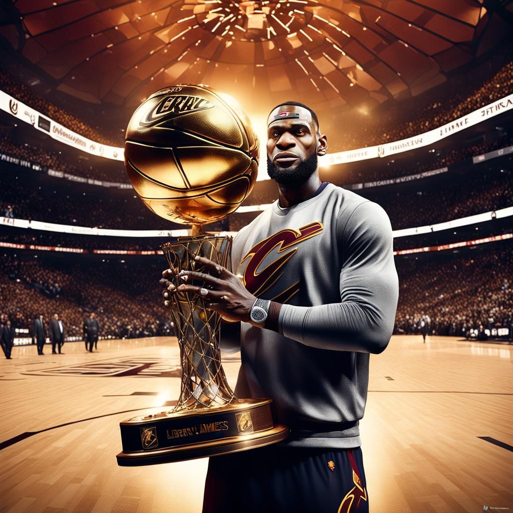 Lebron James holding the 2016 Larry O'Brien trophy for the C...