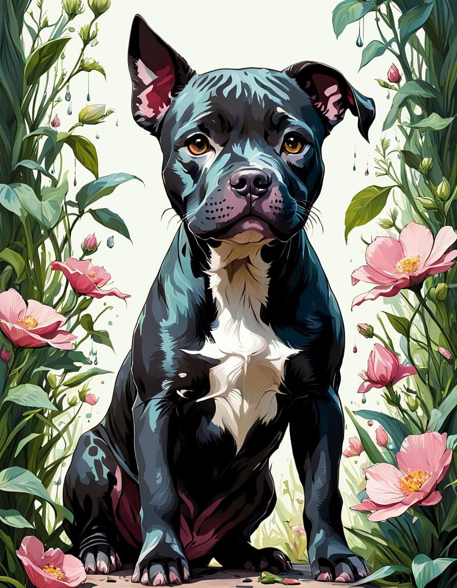 Adorable Black Pit Bull Puppy in Floral Spring