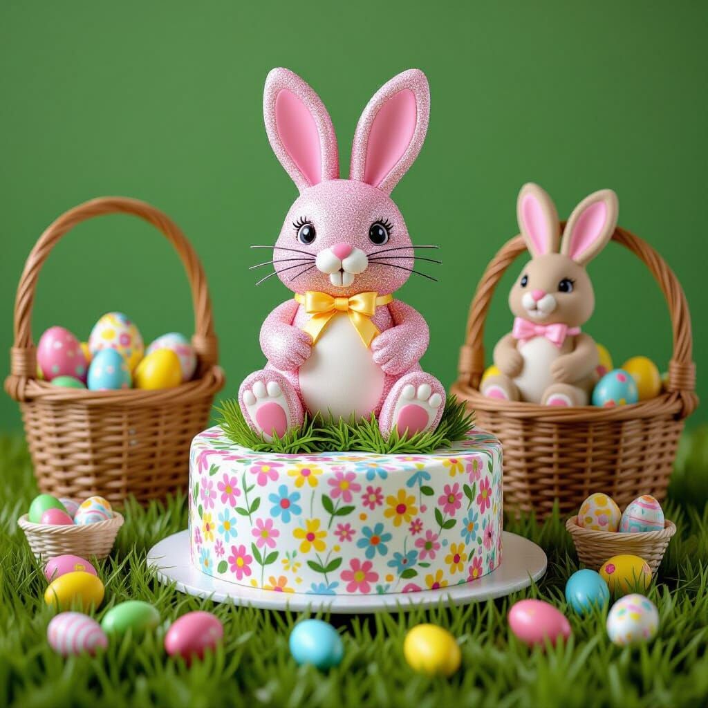 Pink Glitter Easter Bunny Cake with Festive Decorations