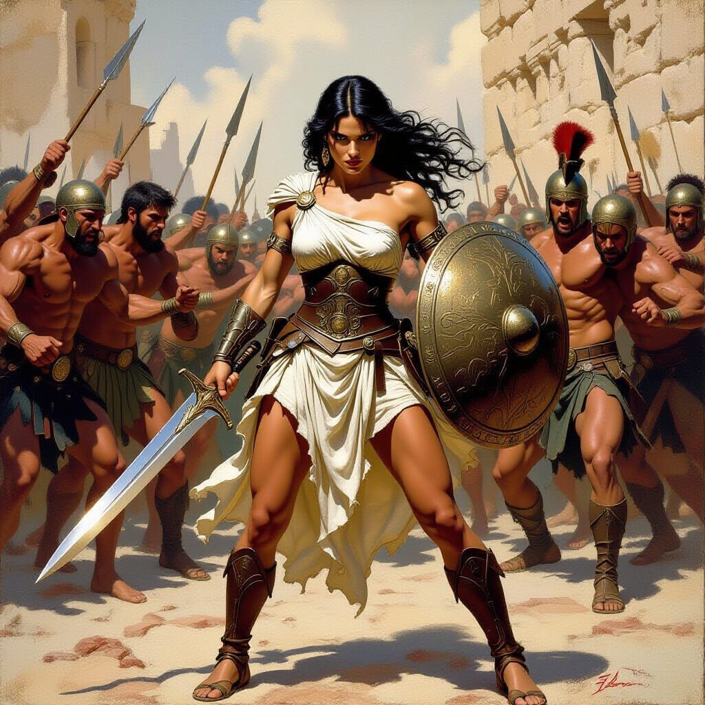 Fearless Warrior Faces Angry Mob in Fantasy Oil Painting