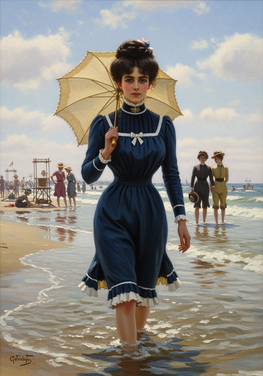 Victorian Woman in Swimsuit at Beach, Oil on Canvas