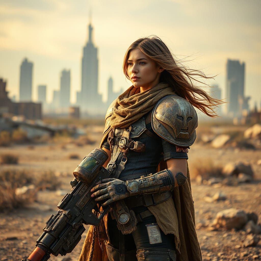 Post-Apocalyptic Woman Warrior in Wasteland City