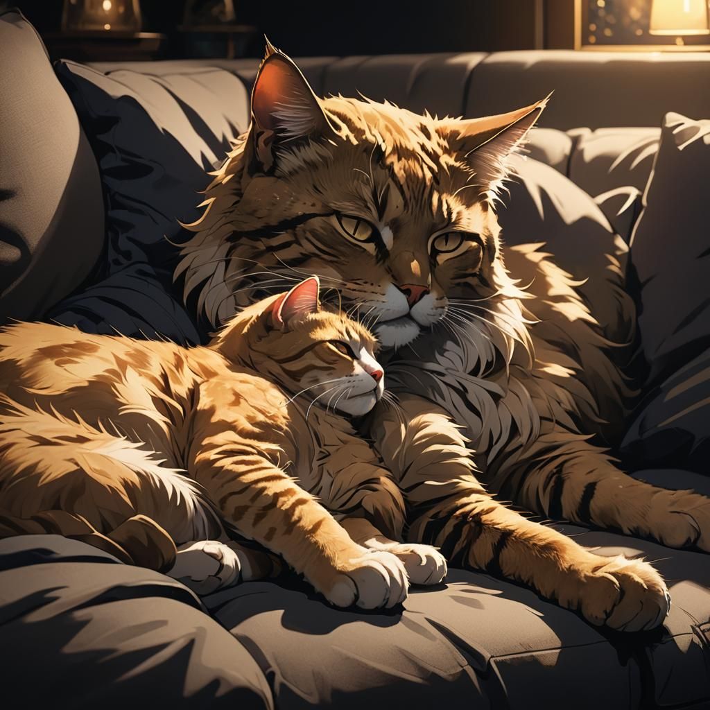 Anime Cat and Human Sleeping in Dark Room