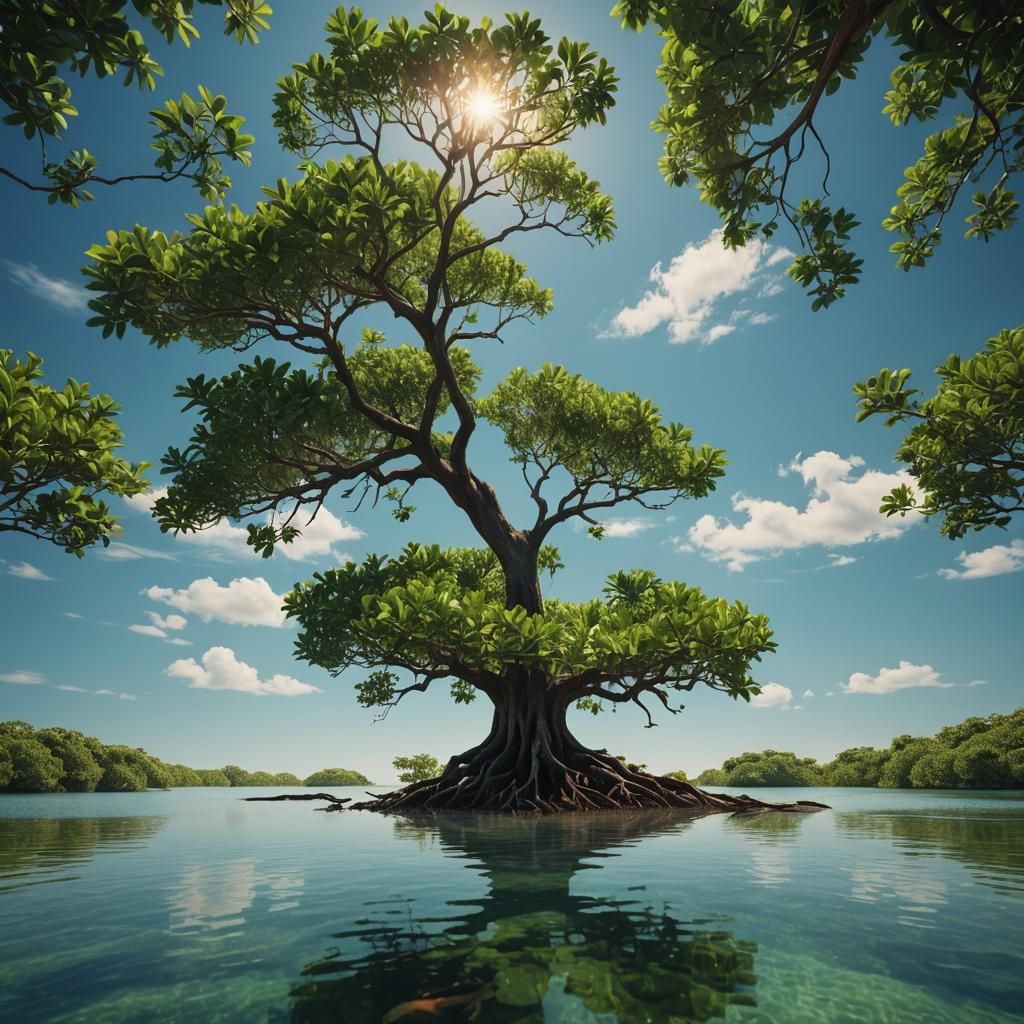 Solitary Mangrove Tree in Calm Reddish Waters