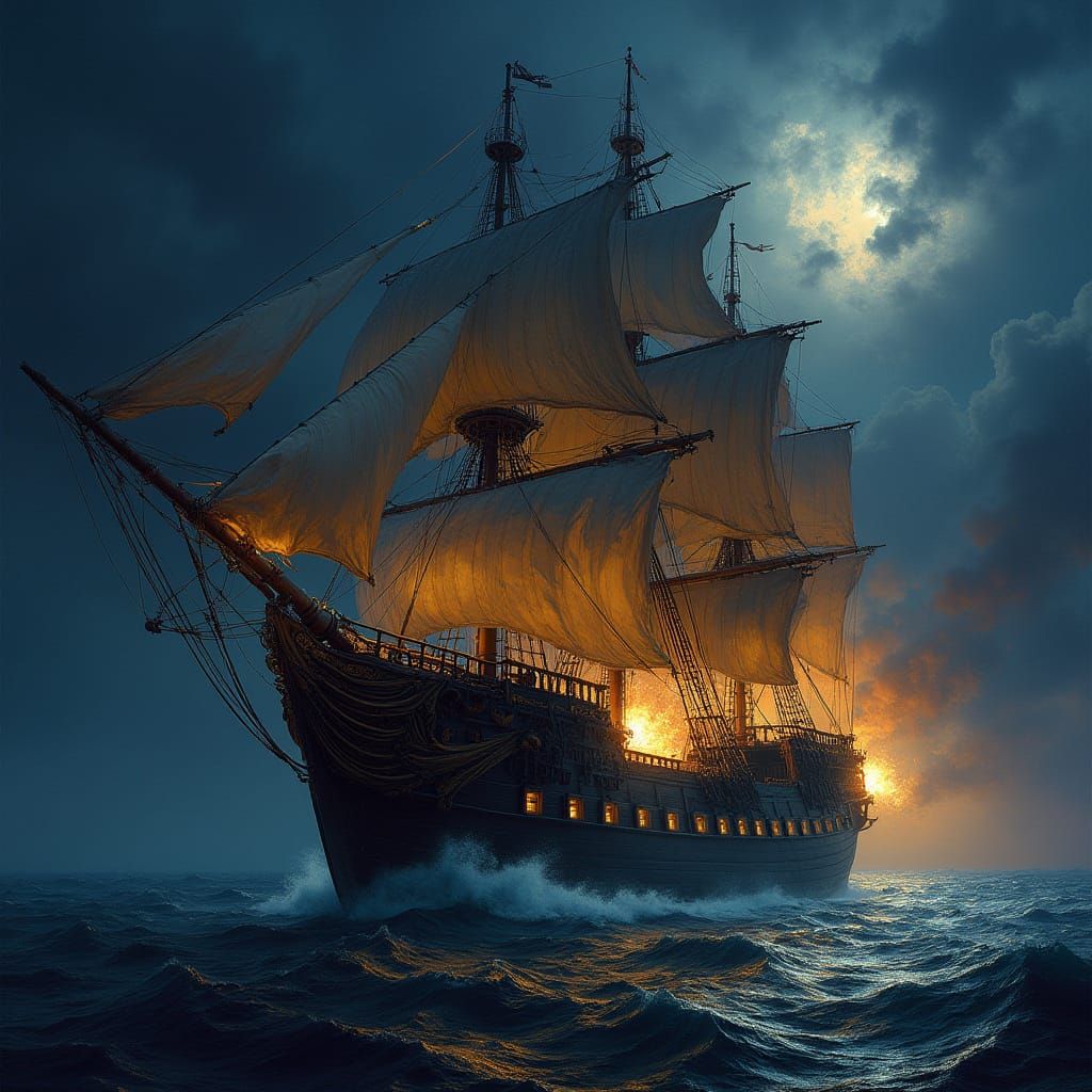 Majestic Pirate Galleon in Moonless Night Firing Cannons in ...