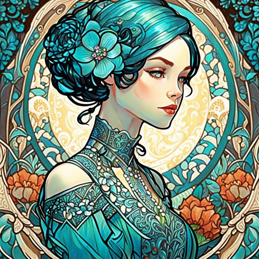 Art Nouveau Girl in Medieval Dress with Zentangle