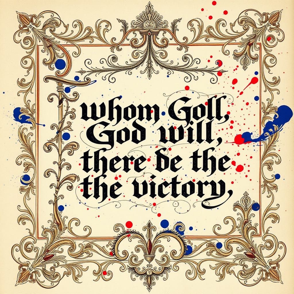 medieval manuscript "To whom God will, there be the victory" ink splatter art