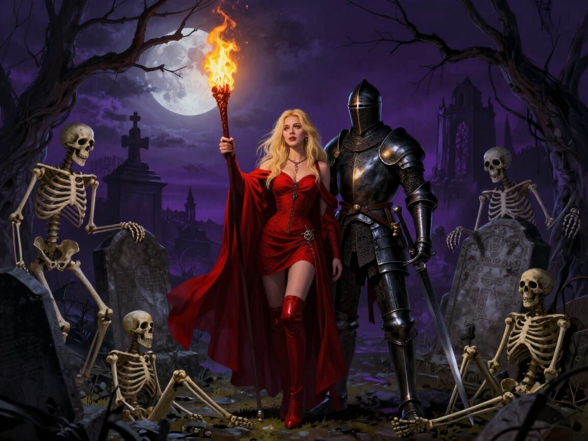 Gothic Blonde Model and Knight in Haunted Cemetery