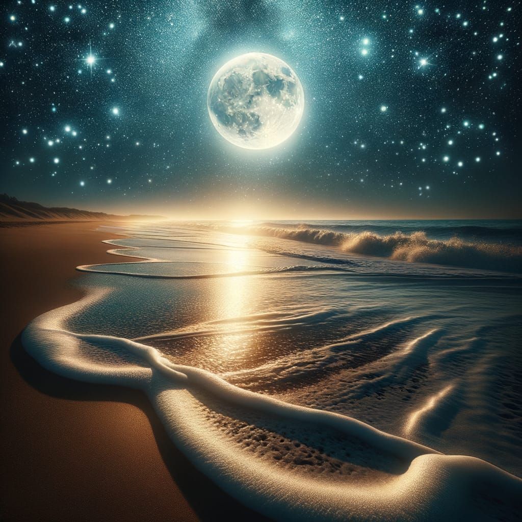 Gentle Nighttime Beach Scene with Full Moon and Starry Sky