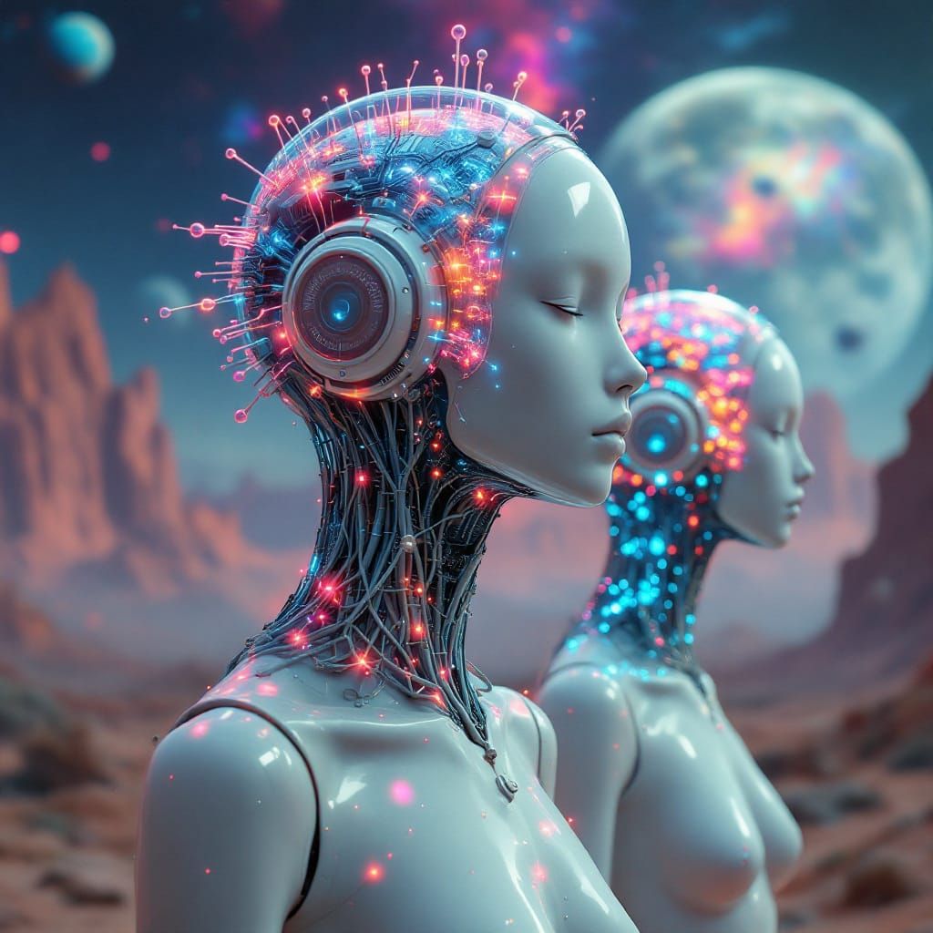 Surreal Mannequin in Alien Landscape with Neon Circuitry