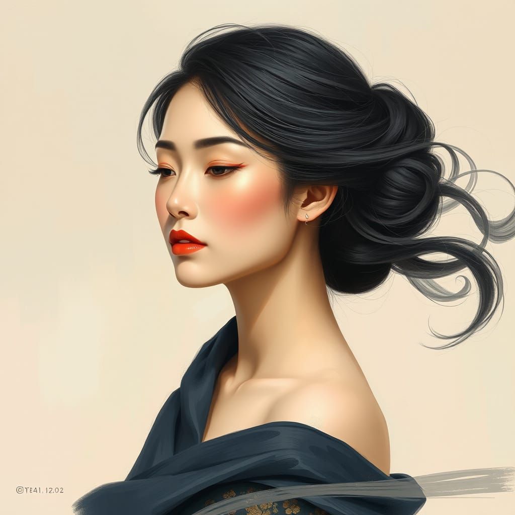 Romantic East Asian Woman in Soft Pastel Hues